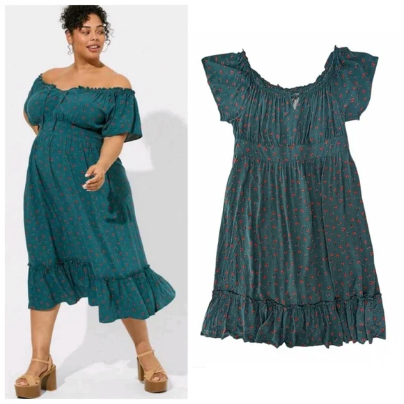 Torrid Green Floral Challis Off The Shoulder Midi Dress Size 4X Spring Pockets - Picture 1 of 12